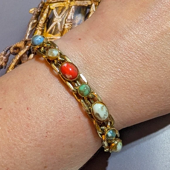 Vintage Art Glass Cabochon Heavy Chain Bracelet - Picture 7 of 7